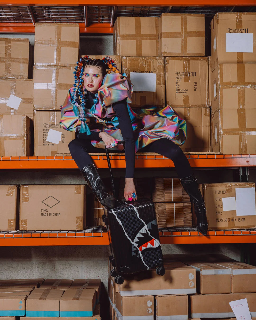 BLACK CHECK DIAGONAL TEAR CARRY-ON LUGGAGE