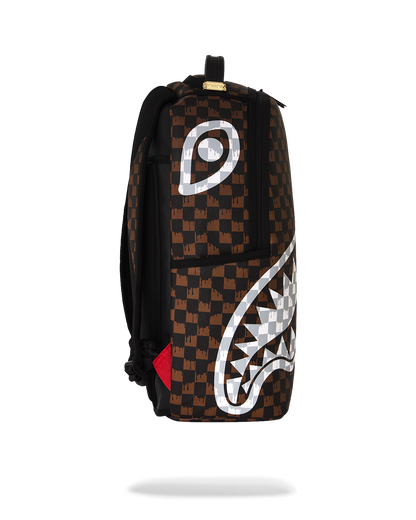 BROWN AND CREAM DRIP CHECK SHARK DLXSV BACKPACK