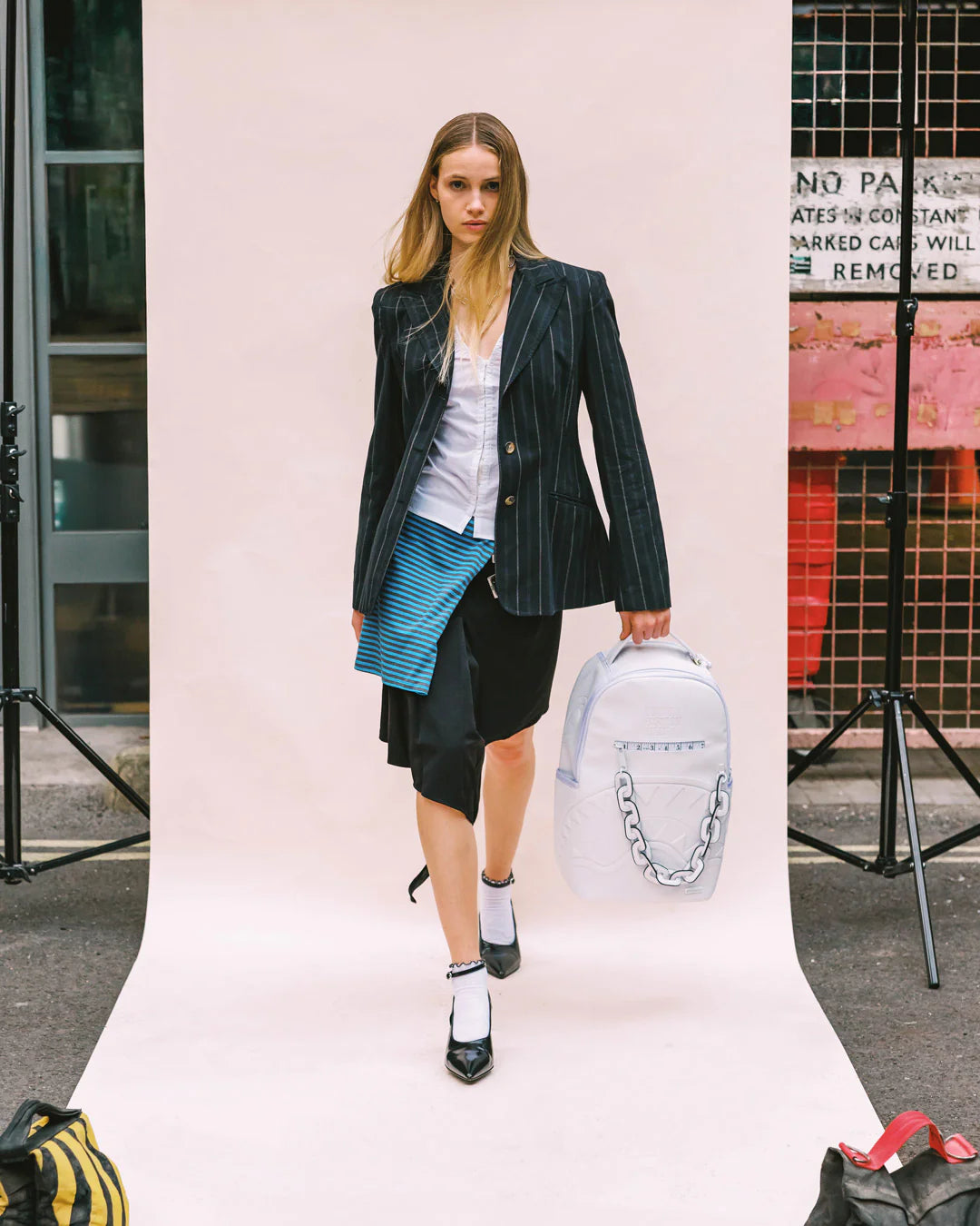 LONDON FASHION WEEK WHITE LEATHER CHAIN DLXSV BACKPACK